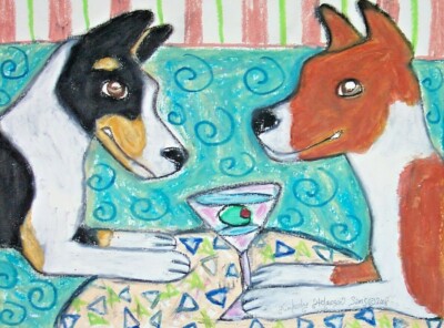 Basenji drinking a Martini DOG ART 5x7 Print by Artist Kimberly Helgeson Sams
