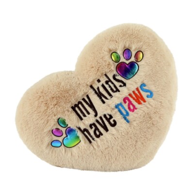 Way To Celebrate My Kids Have Paws 19x15 Plush Heart Pillow – Rainbow Paws, Tan, Decorative Pet Lover Gift