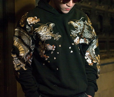 Mens Hoodie Sweatshirt Japanese Pattern Embroidery Hooded Sweater