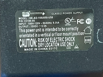 Clack (V3186-05) WS1 Class 2 Power Supply 100V-120V, 50/60Hz, 15VDC, 0.5A OEM