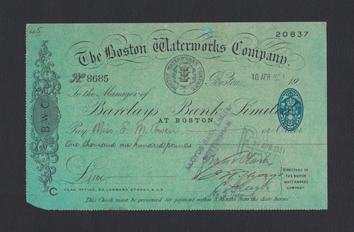 1931 Boston Waterworks Company Cheque Barclays Bank Lincolnshire P104