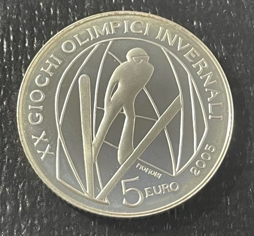 Italy 2005 5 Euros Silver Coin:  Olympics - Ski Jumping