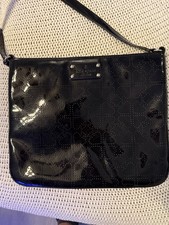 Kate Spade New York Black Patent Logo Shoulder Bag Zip Closure Lined Beige
