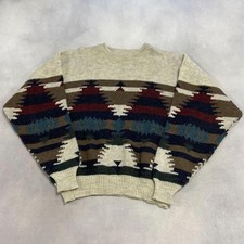 Vintage Abstract Knitted Jumper Patterned Grandad Knit Sweater Men's L