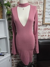 Fashion Nova Womens Dress Sz XL New Mauve Long Bell Sleeves Plunging Neckline