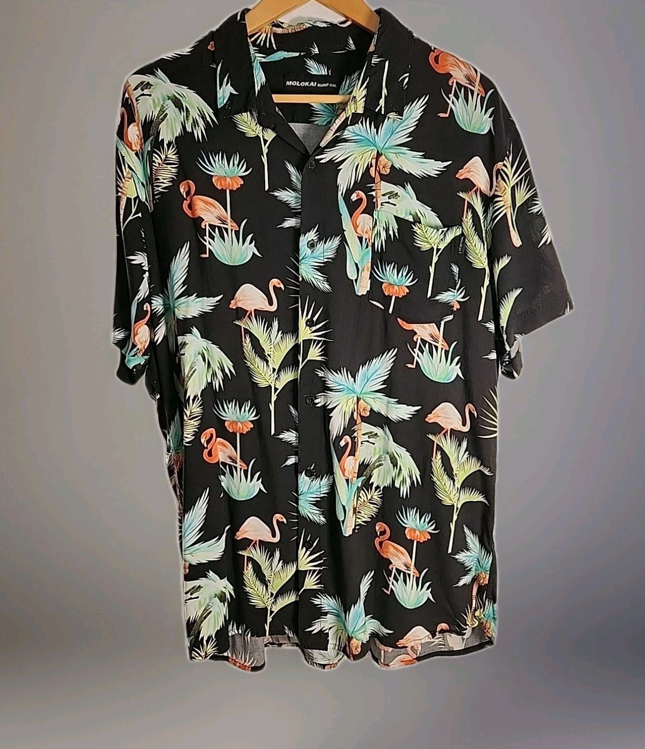 Molokai Surf Co Men's 2XL Hawaiian Black Button Down Short Sleeve Palms Flamingo