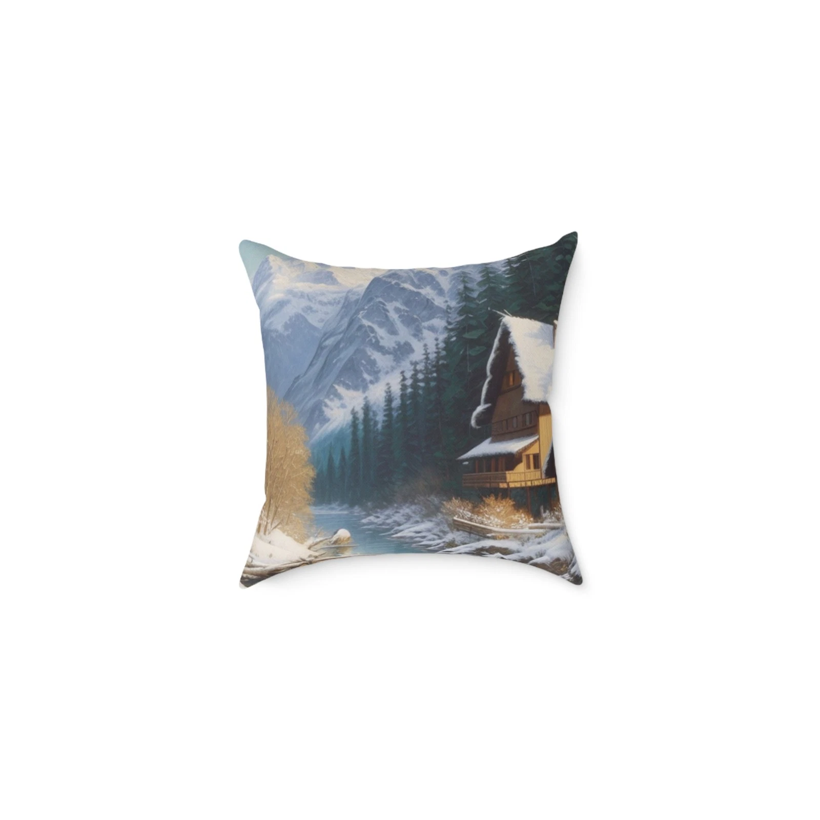 Winter Cabin Mountain Throw Pillow