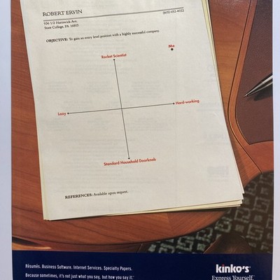 1999 Kinko's Printing PRINT AD Robert Ervin Resume Cover Letter Vintage 90s