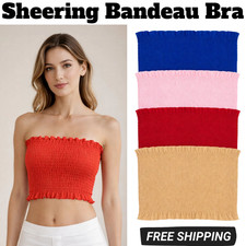Womens Sheering Bandeau Bra Shirred Crop Top Boob Tube Gather Smoken Strapless