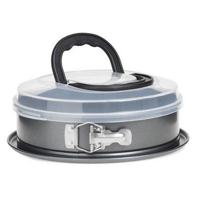 Kuchenform Tortenform mit Deckel 26x10cm Backform Transportbox grau rund Stahl 