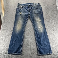 True Religion Jeans Mens 40x34 Blue Dark Wash Cotton Relaxed Straight Distressed