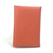 HERMES Business Card Holder Pass Case Palm Tree Design Bifold Orange Leather 