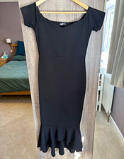 Missguided Black Bodycon Midi Dress Size 10 Regular V-Neck Short Sleeve Ruffle