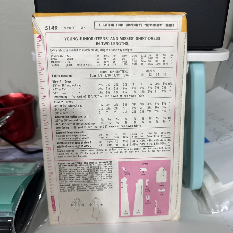 FREE SHIP! 5149 Simplicity Size 10 Sewing Pattern Misses 1970s - Image 2 of 2