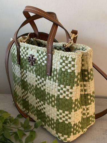NEU MIT ETIKETT TORY BURCH BLAKE STROH BEUTELTASCHE/UMHÄNGETASCHE SALBEI & CREMEFARBEN - Bild 2 von 9