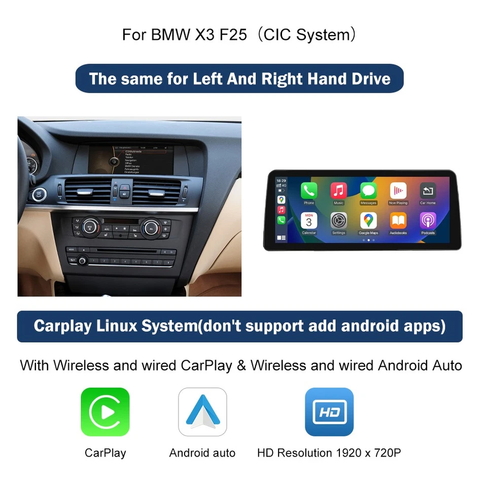 12.3’ Wireless CarPlay Android Auto Touchscreen For BMW X3 F25 With CIC 2010-13 Foto 4 de 4