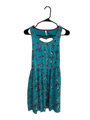 Xhilaration Medium Teal Bird Print Sleeveless  Dress Heart Cutout Cottagecore 