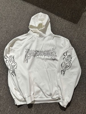 Balenciaga White Graphic Print Hooded Cotton Fleece Pullover Hoodie Size L