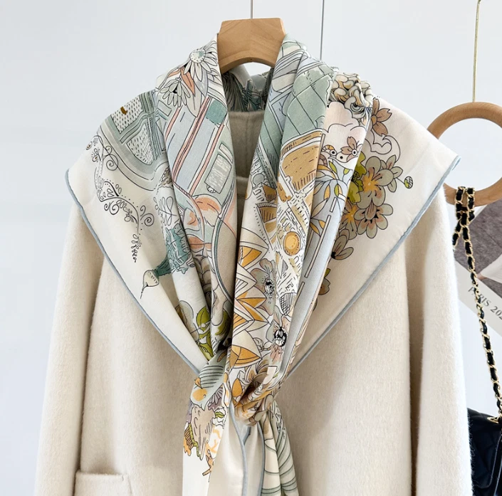 70% Cashmere 30% Silk Wrap Scarf Green garden Print Double Face Print Shawl 53'' - Image 4 of 4