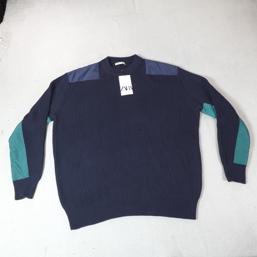 Suéter Zara Para Hombres XL Azul Acanalado Bloque de Color Cuello Redondo Codo Parche Pescador Grueso