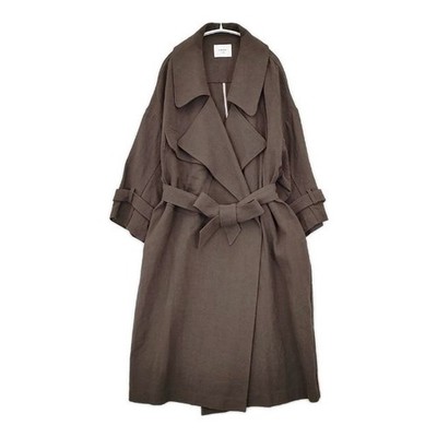 AMERI Big Collar Long Coat with belt, linen and cotton coat Brown 6-0122T 