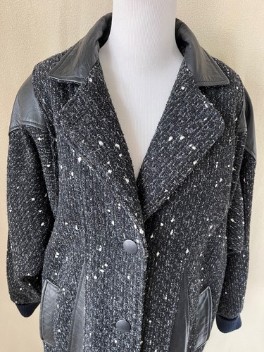 Vintage 80's Maggie Lawrence Leather Trimmed Wool Blend Flecked Tweed Coat - Picture 3 of 12