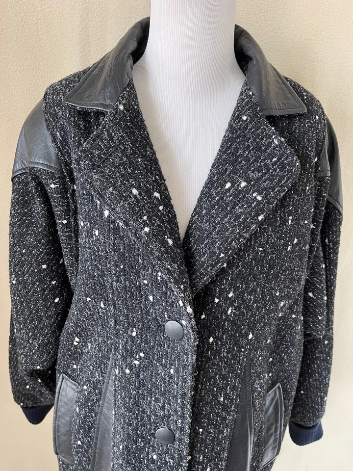 Vintage 80's Maggie Lawrence Leather Trimmed Wool Blend Flecked Tweed Coat - Image 3 of 4