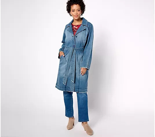 LOGO by Lori Goldstein Denim Belted Trench Coat-Med Wash-XS