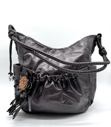 Brighton Leather 3D Floral Fringed Brown Shoulder Bag Braided Polished Handbag