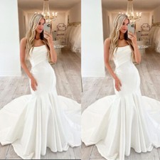 Mermaid Satin Wedding Dress Strapless Corset Sweep Train Bridal Gown White Ivory