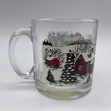 Christmas Village Snow Winter Scene Vintage Libbey Glass Coffee Mugs Made in USA