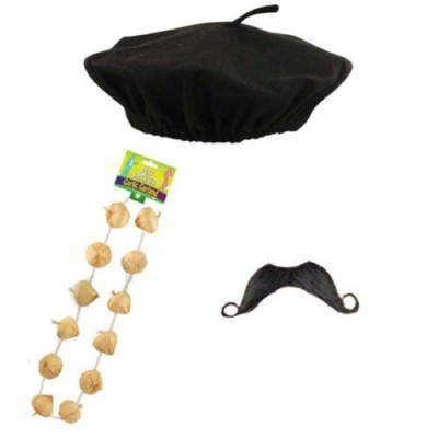 French Day Barett-Kostüm Set – 3-teilig Mit Schnurrbart & Knoblauch-Girlande, Rot