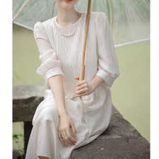Hot Women French Long Dress White Slim Formal Fashion Pleated Dresses Party