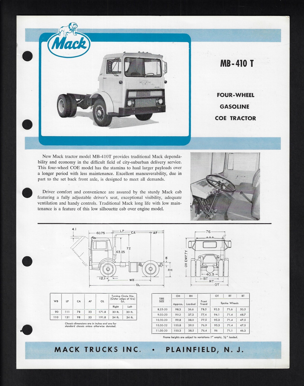 MACK MB-410 T FOUR WHEEL GASOLINE TRUCKS SPECIFICATIONS BROCHURE 11/63