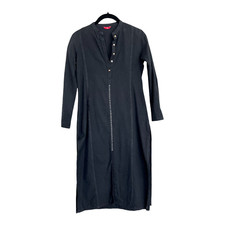 W for Woman Tunic Kurta Top Black Flax Long Sleeve 1/4 Button-Up Solid 6