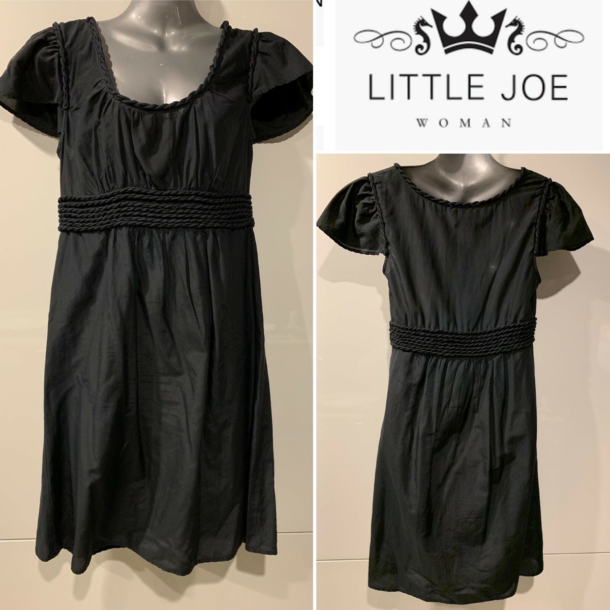LITTLE JOE Woman by Gail Elliot BLACK Silk & Cotton Dress, Twisted Trims,  SMALL