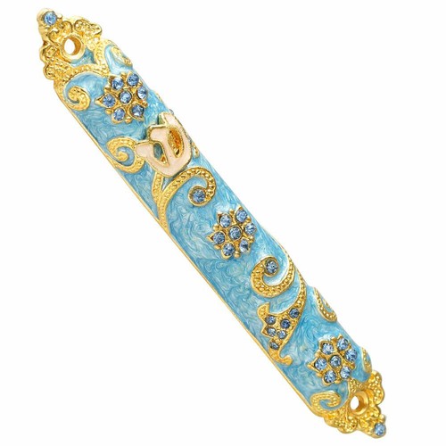 Mezuzá pintada a mano de 4,5" adornada con rico diseño judaico azul oro 24 K - Imagen 3 de 7