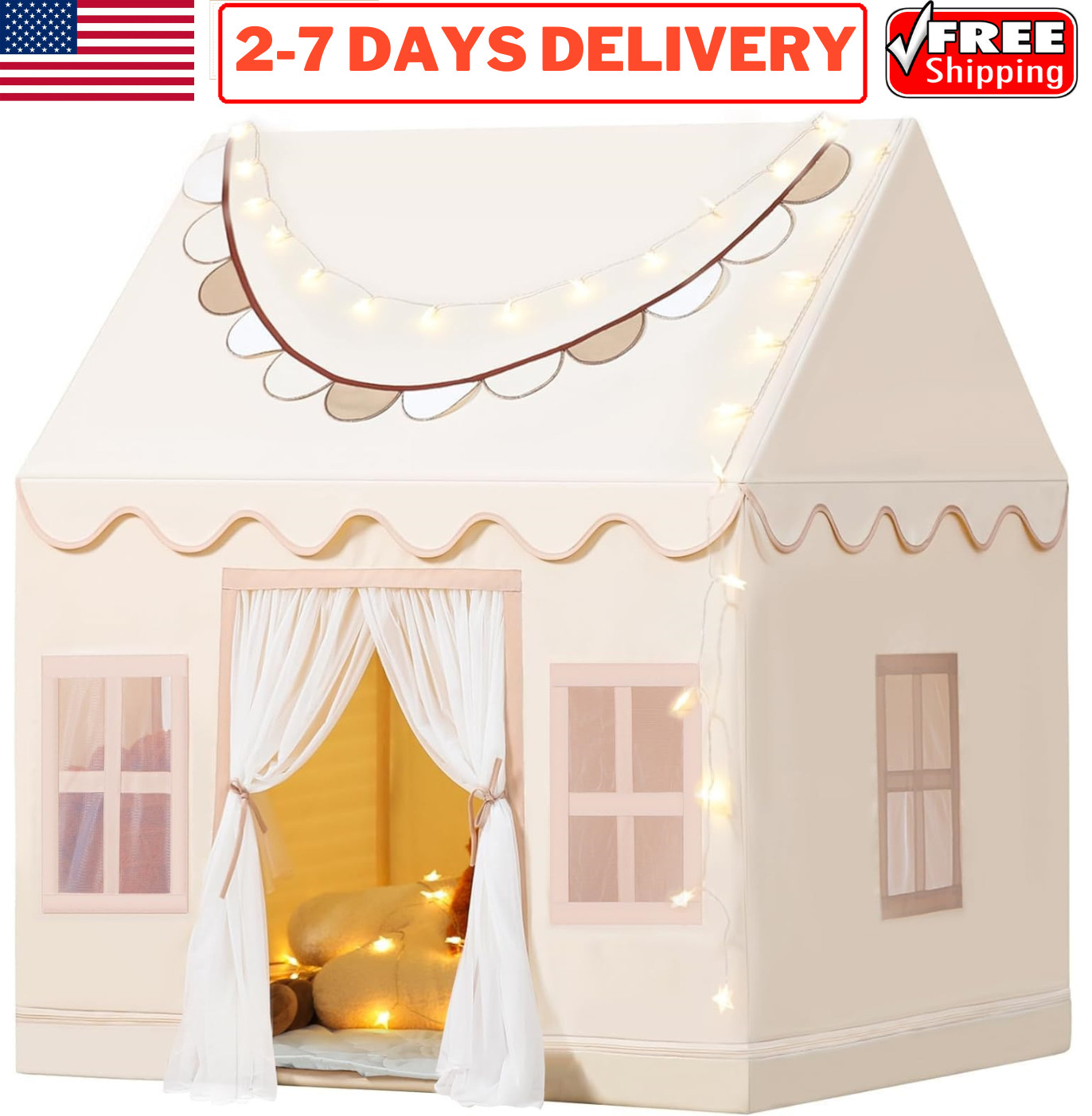 Kids Play Tent with Mat Lights Boy Girl Princes Playhouse In