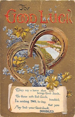 Horseshoes With Forget-Me-Nots & 4-Leaf Clovers & River Scene-Old Good Luck PC