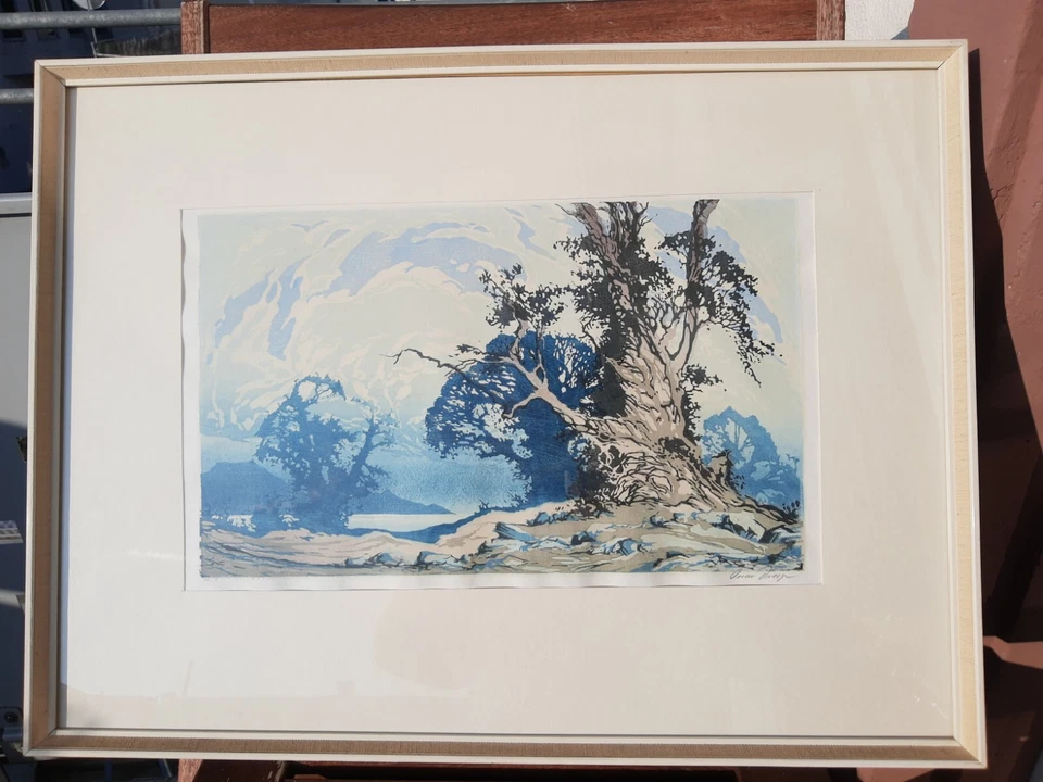 RAR! Oscar DROEGE (1898-1983) Bäume am Seeufer vor Alpenlandschaft HANDSIGNIERT - Bild 4 von 4