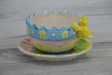 Easter Spring Egg Shaped Plate and Bowl Set Pastel Blue Pink Green Yellow