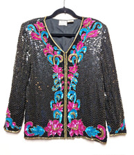 Vintage St nay Jacket Women's Medium Black 100 Silk Floral Sequin Beaded V-Neck