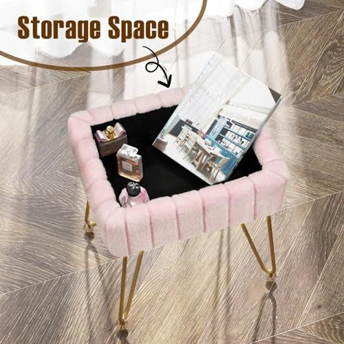  Vanity Stool Chair Faux Fur with Storage, 15.7"L x 11.8"W x 19.4"H Soft Pink - Image 3 of 4