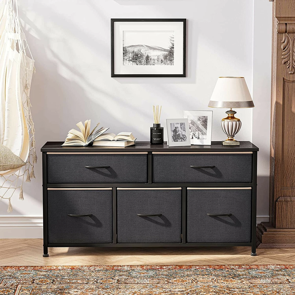 CubiCubi Dresser 5 Drawer Steel Frame Wood Top Black Grey w