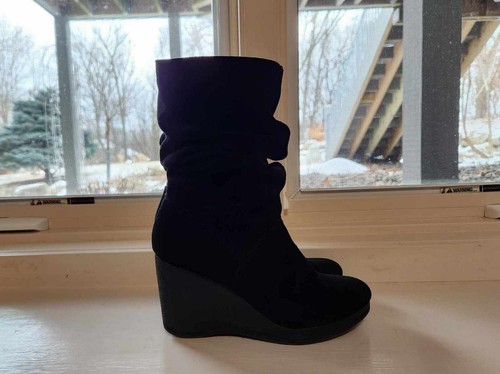 Botas holgadas para mujer negras de gamuza de cuero superior media pantorrilla de goma con tacón de cuña talla 7,5 - Imagen 2 de 6