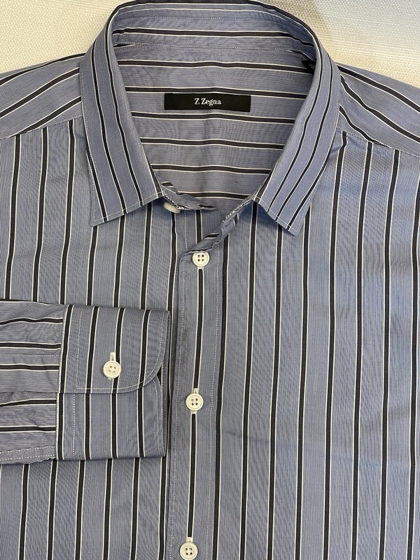 Z Zegna Button Up Shirt Men’s Size 16 1/2 Blue Stripes Drop 8 Fit Long Sleeve