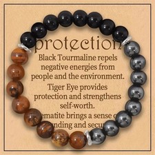 Triple Protection Crystal Bracelet Tiger Eye Obsidian Hematite 8mm Stretch