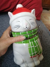 Rare Model Damaged Boston Warehouse Cat Canister Hinged Kitty Treat Jar 