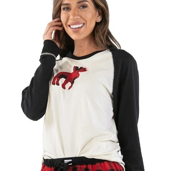 🌻Lazy One Moose Long Sleeve Cream Black Buffalo Check Pajama Lounge Top Size XL - Image 2 of 4