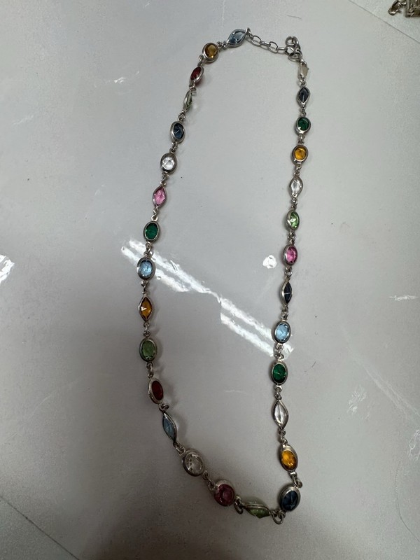Sterling Silver 925 Multi Color Facet Glass Link Necklace Bezel Set 20 In